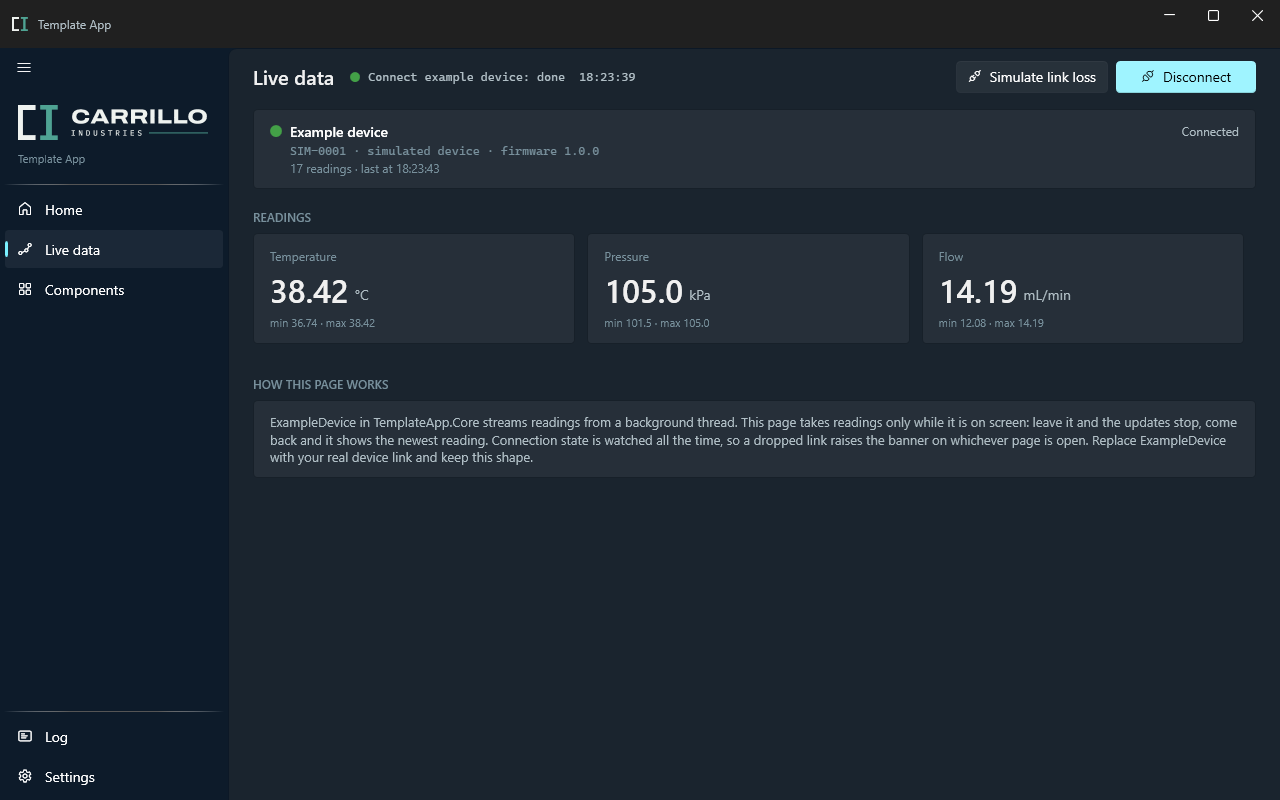 A desktop app made from the WPF template: a navigation pane with the Carrillo Industries logo, and a Live data page showing temperature, pressure and flow readings from a connected device.